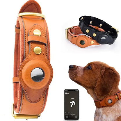 Leather Anti-Lost  Dog Collar -Airtag placement.